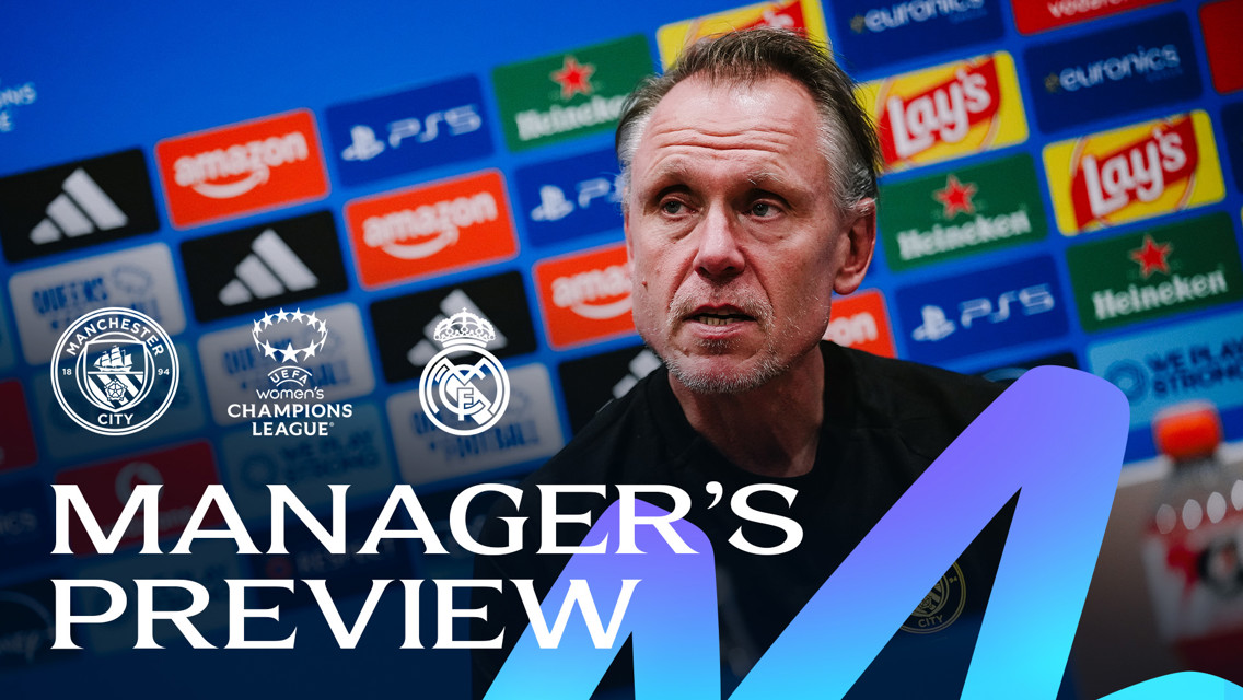 A managerial preview featuring Manchester City and Real Madrid logos for a UEFA Women's Champions League match. The image includes a manager speaking in front of branded sponsor boards.