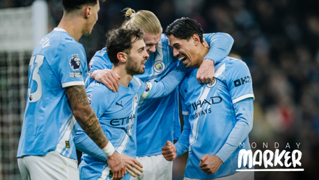 A group of Manchester City players in blue kits celebrating during a football match with 'Monday Marker' text.