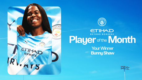 A graphic announcing Bunny Shaw as the Etihad Player of the Month winner, featuring Manchester City branding and sponsor logos.