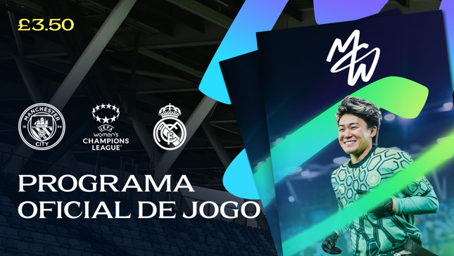 Official match programme for the Manchester City vs Real Madrid Women's Champions League game, priced at £3.50, featuring a player and logos of both teams.