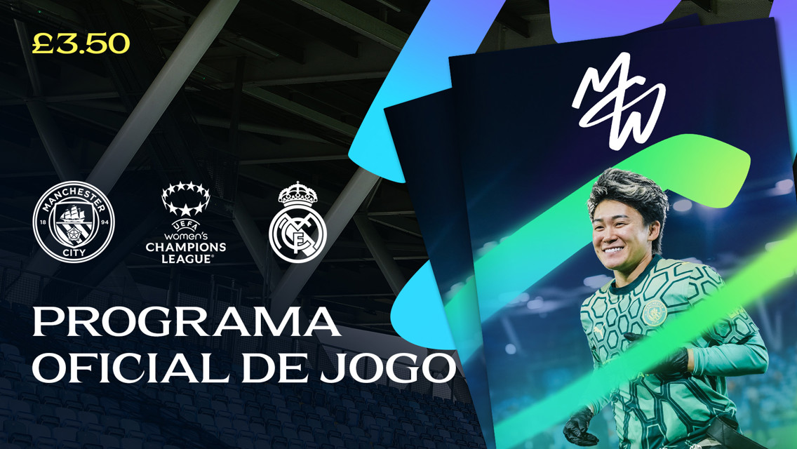 Official match programme for the Manchester City vs Real Madrid Women's Champions League game, priced at £3.50, featuring a player and logos of both teams.