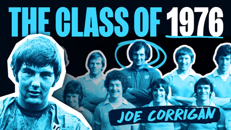 Graphic featuring 'The Class of 1976' and 'Joe Corrigan' with a team photo and blurred faces.