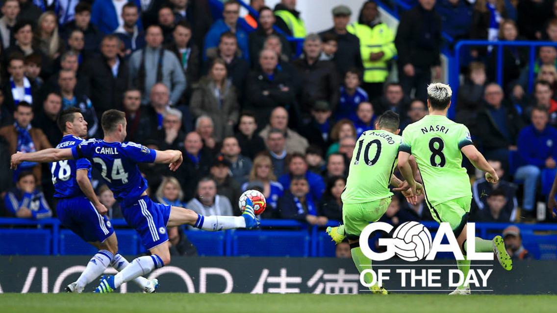 ON TARGET: Sergio Aguero opens the scoring against Chelsea in April 2016.