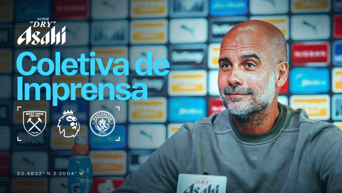 Press conference scene with Premier League branding, featuring logos of West Ham United and Manchester City.