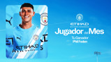 Manchester City's Phil Foden is named Etihad's player of the month in a Spanish announcement graphic with a blurred face, Etihad Airways logo, and the Manchester City logo.