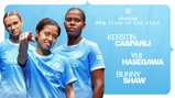 Three women in Manchester City uniforms on a blue background. Text reads '2025/26 PFA Team of the Year' and lists Kerstin Casparij, Yui Hasegawa, Bunny Shaw.