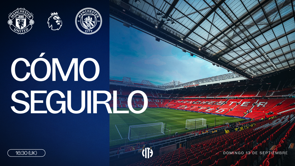 Promotional image for a Premier League match between Manchester United and Manchester City at Old Trafford. The match is scheduled for 16:30 UK time on Sunday, September 13.