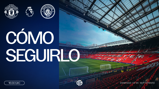 Promotional image for a Premier League match between Manchester United and Manchester City at Old Trafford. The match is scheduled for 16:30 UK time on Sunday, September 13.
