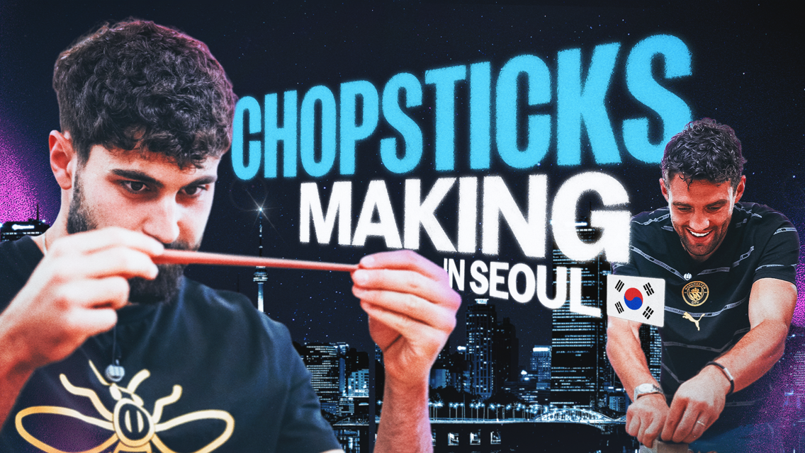 A banner image featuring two individuals making chopsticks in Seoul. The text 'Chopsticks Making in Seoul' is prominent. The individuals are focused on their task, with a background of Seoul's skyline.