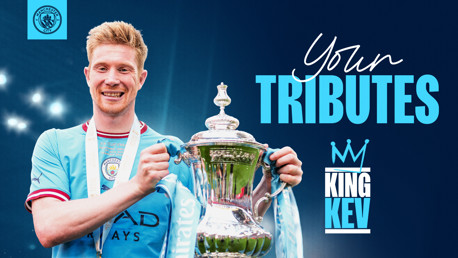 The image shows a Manchester City player holding a trophy with the text 'Your Tributes' and 'King Kev' over it. The Manchester City logo is visible at the top. The face of the player is blurred.
