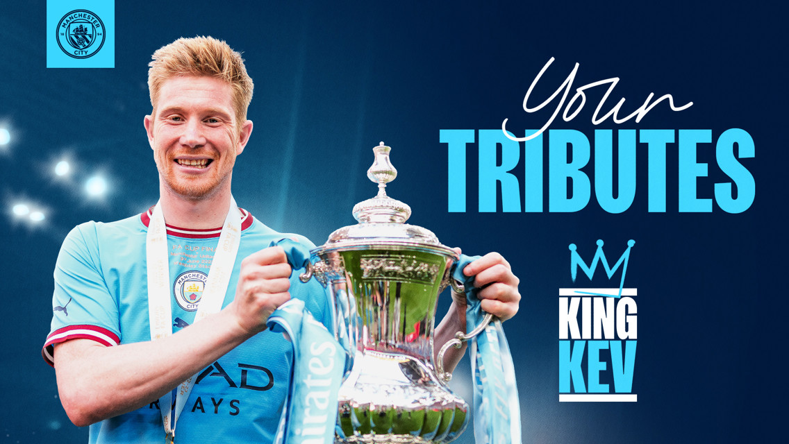 The image shows a Manchester City player holding a trophy with the text 'Your Tributes' and 'King Kev' over it. The Manchester City logo is visible at the top. The face of the player is blurred.