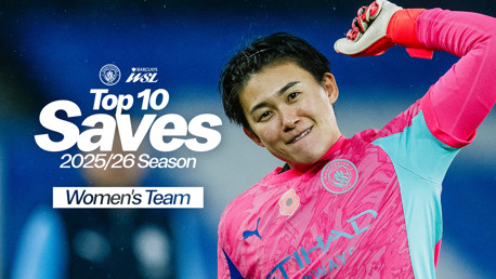 A blurred player in a pink Manchester City goalkeeper jersey is featured in an image promoting the top 10 saves of the 2025/26 season for the Women's team in the Barclays WSL.