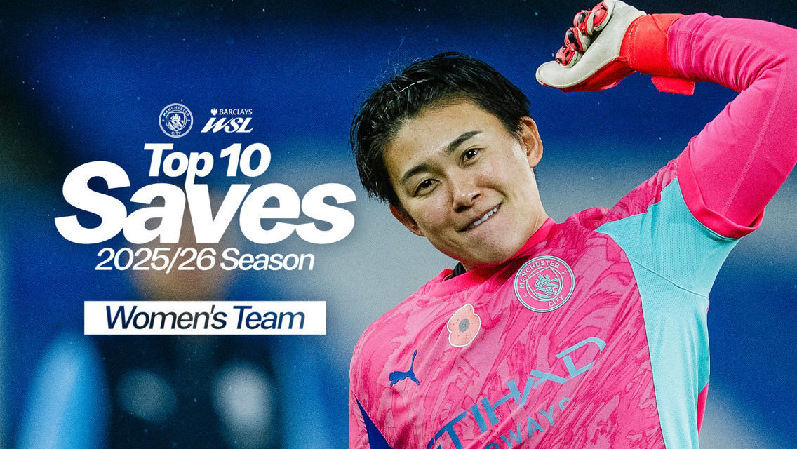 A blurred player in a pink Manchester City goalkeeper jersey is featured in an image promoting the top 10 saves of the 2025/26 season for the Women's team in the Barclays WSL.
