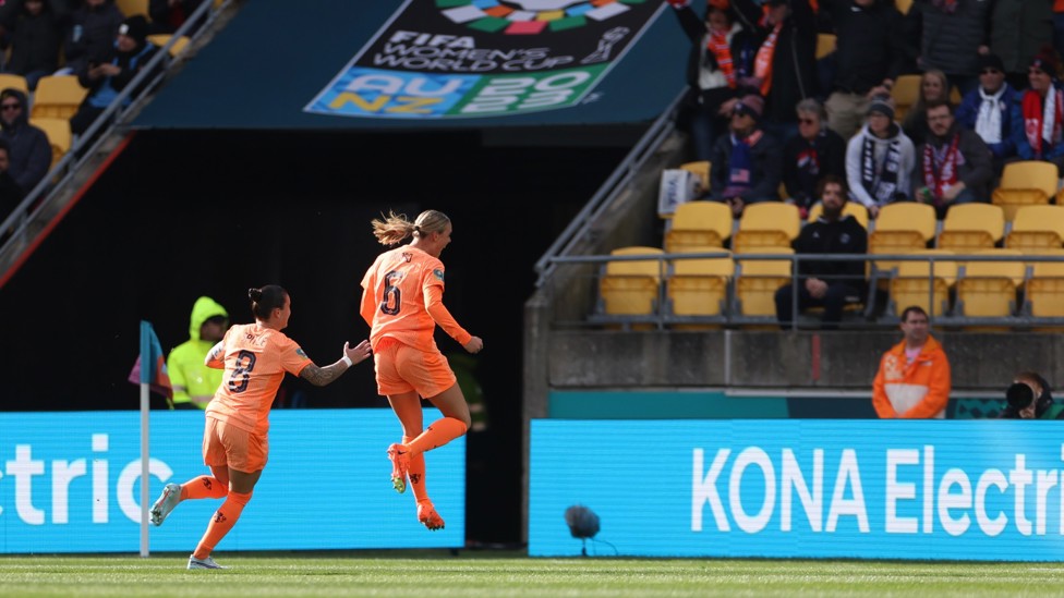JUMPING FOR JOY : Jill Roord celebrates scoring Netherlands goal against previous World Cup winners USA in their 1-1 draw in Group E.