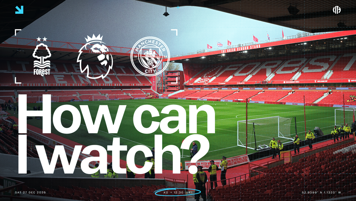 Promotional image for a Premier League match between Forest and Manchester City at a stadium. Date is Saturday, December 27, 2025, with kickoff at 12:30 UK time. Text asks 'How can I watch?'