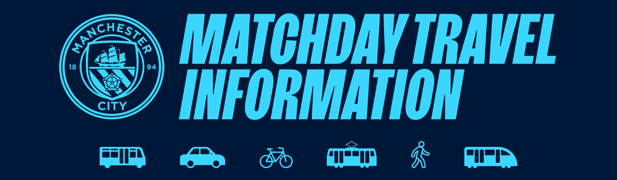 The image provides matchday travel information for Manchester City, showing various transportation icons like bus, car, bicycle, tram, walking, and train.