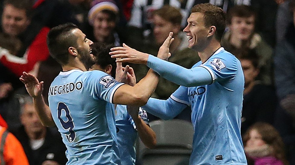 DOUBLE DELIGHT: Negredo and Edin Dzeko celebrate after our second goal