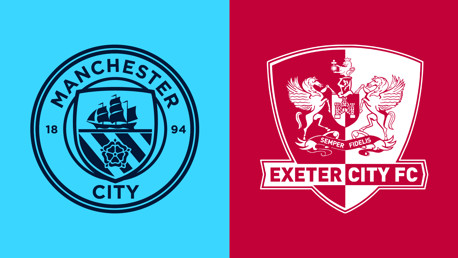 Logos of Manchester City and Exeter City FC side by side. Manchester City's logo features a ship motif on a blue background, and Exeter City's logo has two mythical creatures and a shield on a red background.