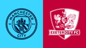Logos of Manchester City and Exeter City FC side by side. Manchester City's logo features a ship motif on a blue background, and Exeter City's logo has two mythical creatures and a shield on a red background.
