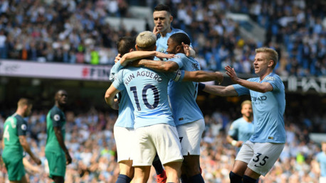 RISE AND SHINE: Phil Foden celebrates his goal with his City team-mates