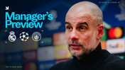 Graphic for a Manager's Preview event featuring logos of Real Madrid and Manchester City, dated Tue 10 Mar 2026.