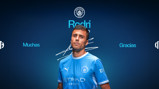A Manchester City player in a team uniform stands against a blue background with the text 'Rodri', 'Muchas', and 'Gracias' surrounding them. The team's logo is visible above.