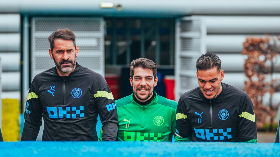SAFE HANDS : Scott Carson, Stefan Ortega Moreno and Ederson make their way onto the pitch