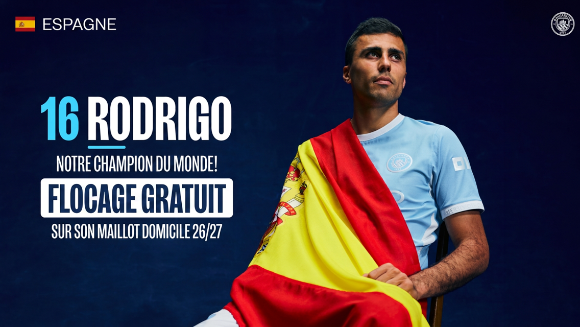 Promotional image featuring a player named Rodrigo wearing a light blue jersey with the number 16, wrapped in the Spanish flag. Headline offers free name printing on the home shirt for the 2026/27 season.