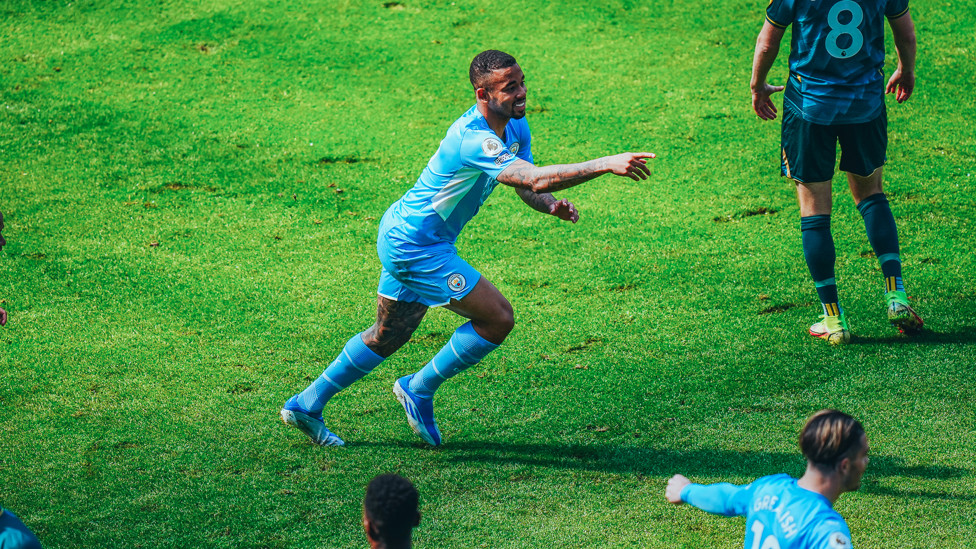 GABBY GOAL : Jesus wheels away to celebrate his fourth minute goal!