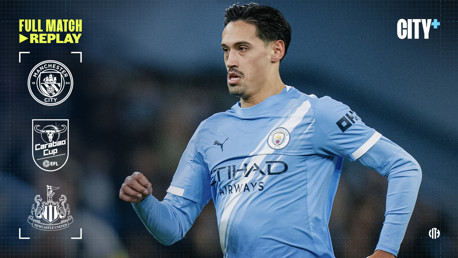 Image promoting a full match replay of Manchester City vs. Newcastle United in the Carabao Cup.