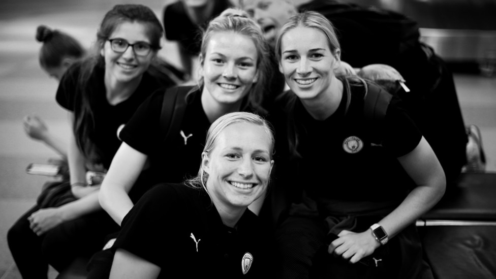 FANTASTIC FOUR : Emma Bissell, Lauren Hemp, Pauline Bremer and Gemma Bonner pose for a group shot, as Janine Beckie grabs the camera!