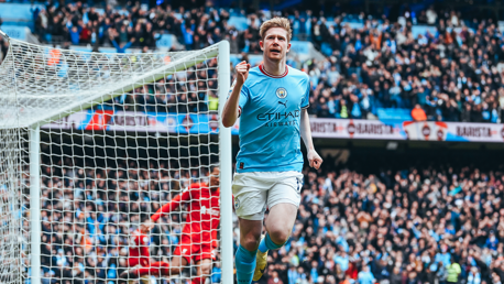 BRILLIANT BELGIAN: KDB wheels away to celebrate putting us ahead.