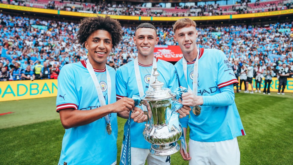 FIRST FA CUP : Rico Lewis celebrates his first prestigious FA Cup success. 