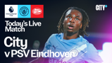Graphic featuring Manchester City vs PSV Eindhoven in the International Cup with a blurred soccer player and logos of both teams.