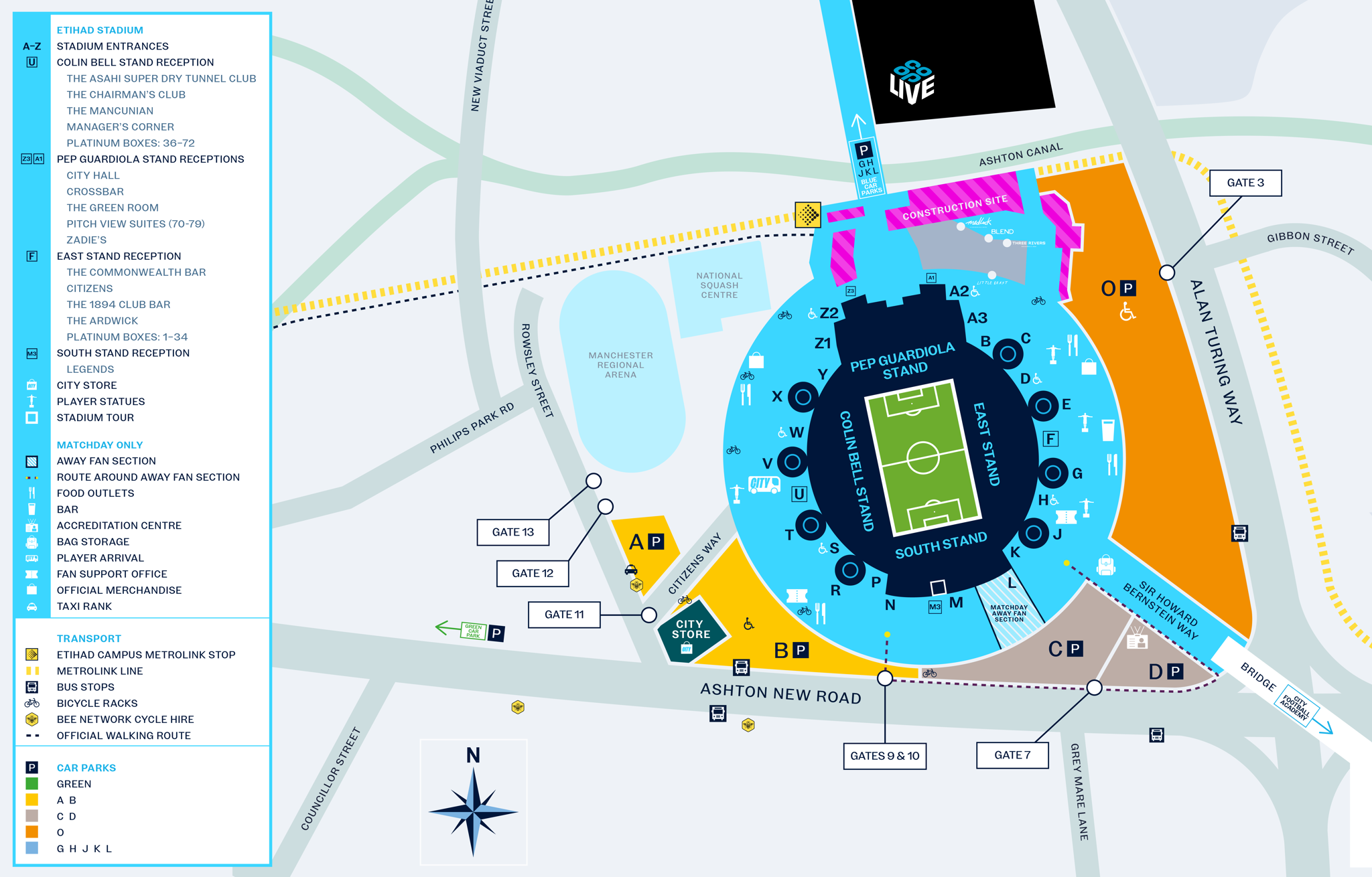 Map of Etihad Stadium including stadium entrances, fan support office, stadium tours, and parking. Features Pep Guardiola and Colin Bell Stands.