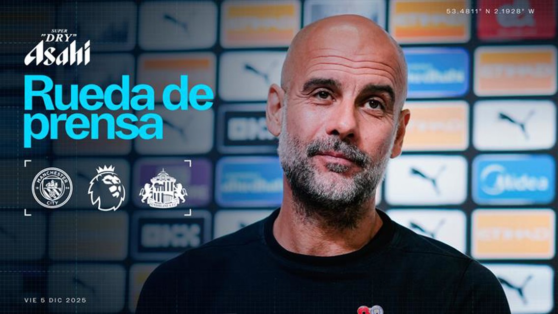 Press conference poster featuring Manchester City and Newcastle United logos with Premier League logo. Date stated as Friday, December 5, 2025. Background shows blurred person in front of media wall.