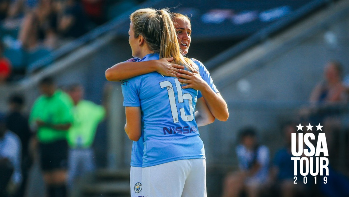 YOUNG STARS: Georgia Stanway congratulates Lauren Hemp on her opening goal