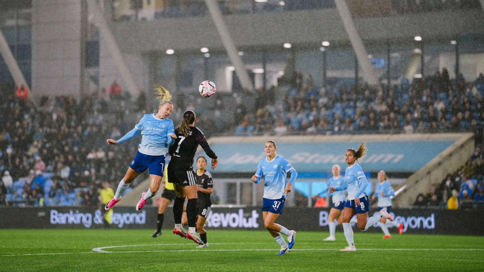 Digging deep : Beth Mead putting in the hard graft on her full City debut