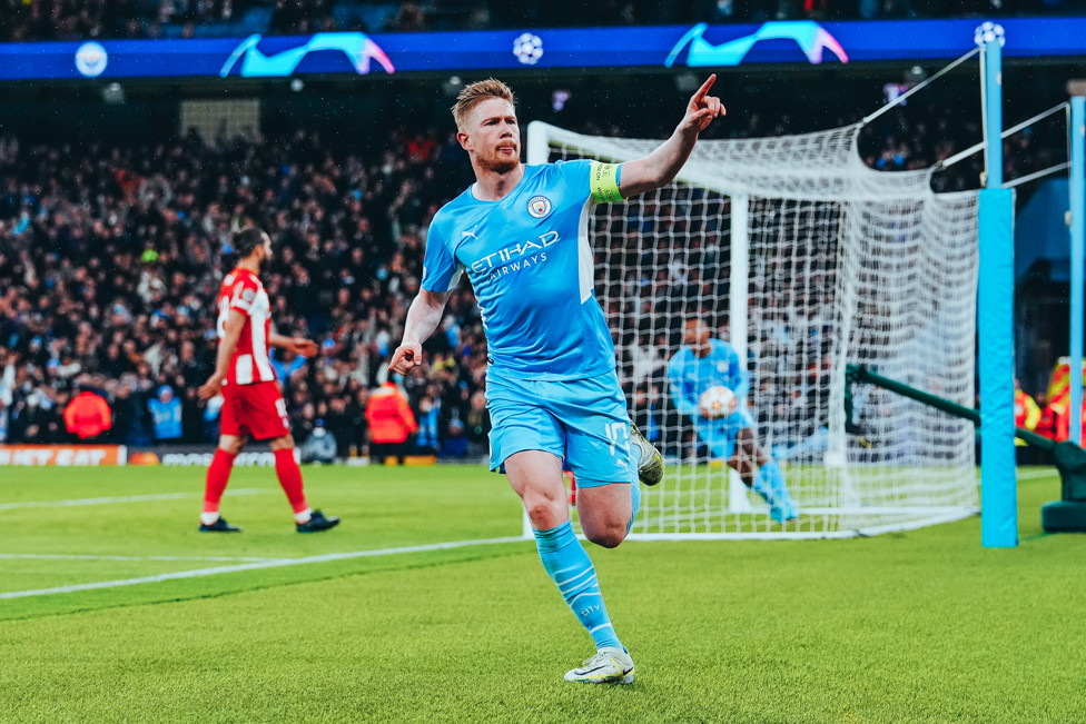 KDB comemora gol contra o Atlético de Madrid. 