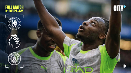Graphics promoting the full match replay of Chelsea vs. Manchester City in the Premier League on CITY+.