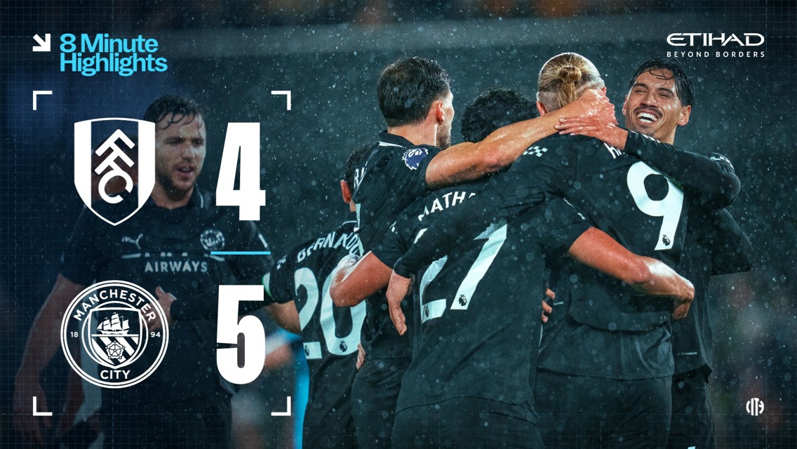 Fulham vs Manchester City final score 4-5 with Manchester City players celebrating after scoring a goal in a high-scoring match.