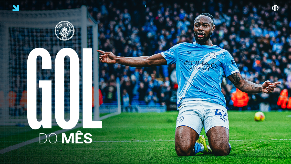 A Manchester City player is kneeling on the field celebrating a goal. The text 'GOL DO MÊS' and Manchester City logo are visible.
