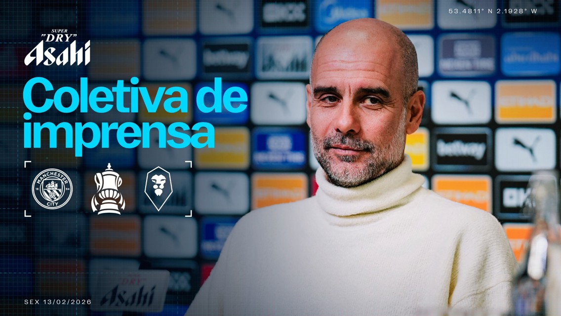 Press conference backdrop featuring 'Coletiva de imprensa', including Manchester City and FA Cup logos, and the date 13/02/2026.