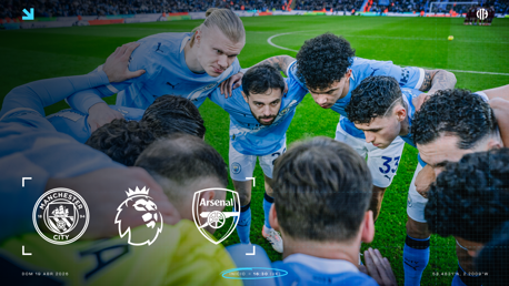 Manchester City team huddle before a match. Logos of Manchester City and Arsenal are displayed, indicating a Premier League game on April 19, 2026. Kick-off at 16:30 UK time.