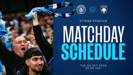 Upcoming match schedule for Manchester City vs AEK Athens on Tue 20 Oct 2026 at Etihad Stadium, 20:00 (UK).