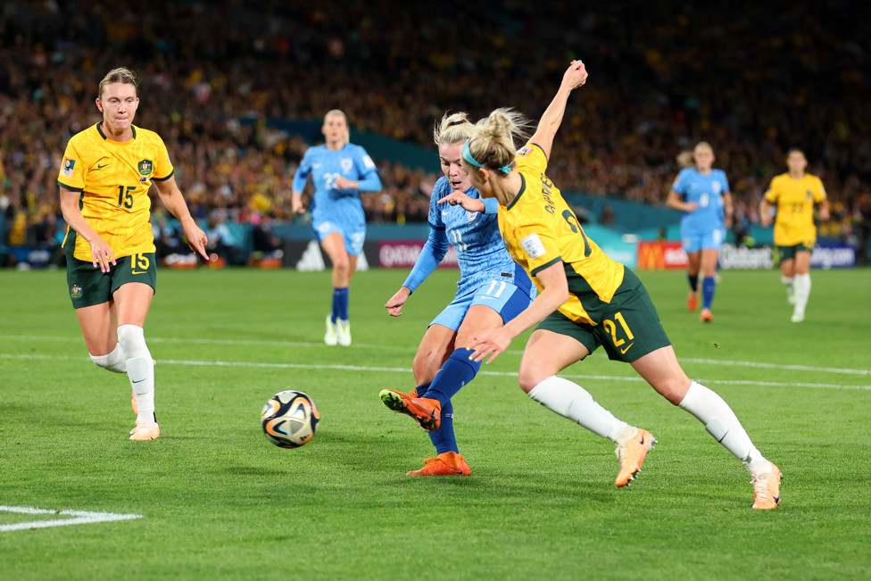 GAMECHANGER : Lauren Hemp scores England’s second goal in our 3-1 semi-final win over Australia which topped off an unbelievable performance by the 23-year-old. 