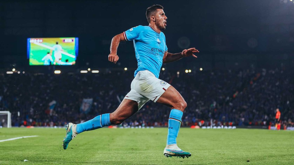 CELEBRATION TIME : Rodri runs towards the City fans as he ensures we’re Champions of Europe.