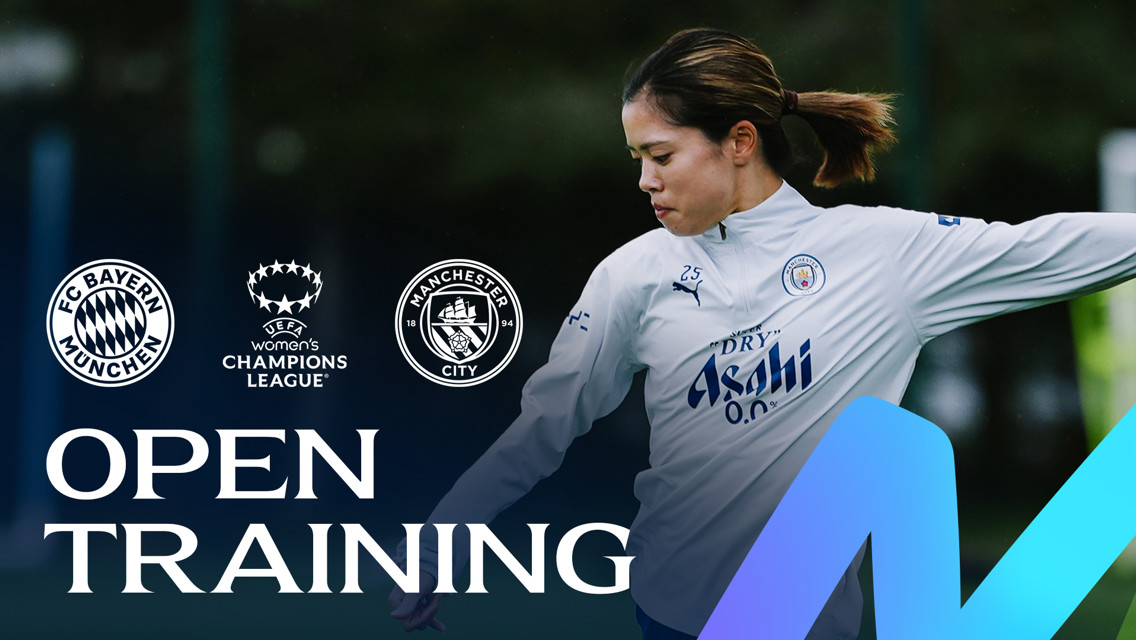 A football player from Manchester City Women's team in training. Logos of FC Bayern München, UEFA Women's Champions League, and Manchester City are displayed with text 'Open Training'.