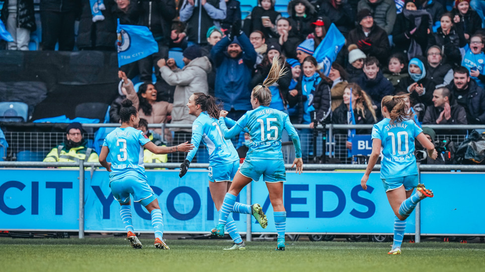 FITTING FINALE : Caroline Weir decides the Manchester derby with an exquisite late chip in front of a record Academy Stadium crowd, 13 February 2022.