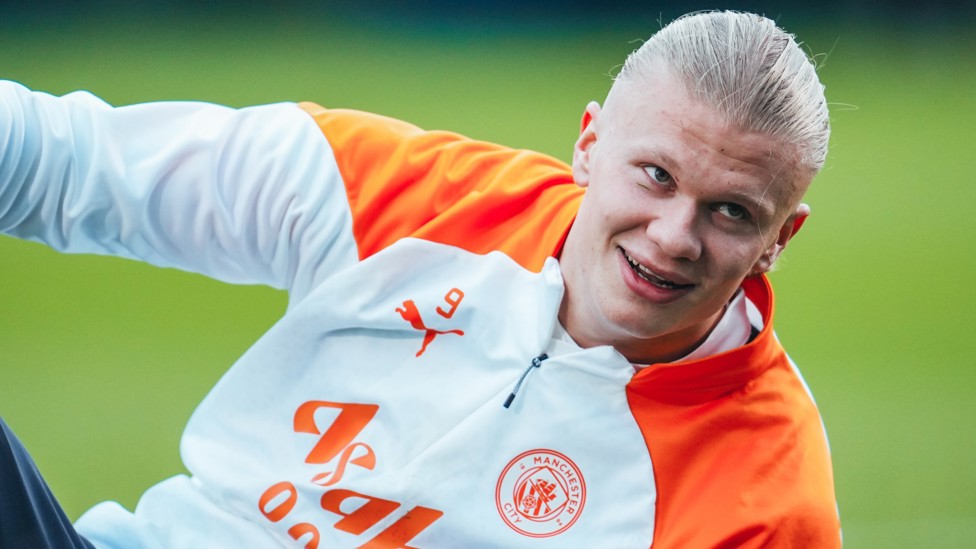 SMILING STRIKER : Erling Haaland in good spirits as he looks for another Manchester derby to remember at the Etihad